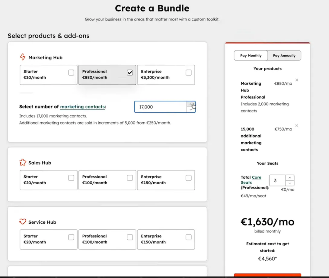 HubSpot Bundle-Konfigurator mit Marketing Hub Professional, 17.000 Marketing-Kontakten und 1.630 Euro pro Monat