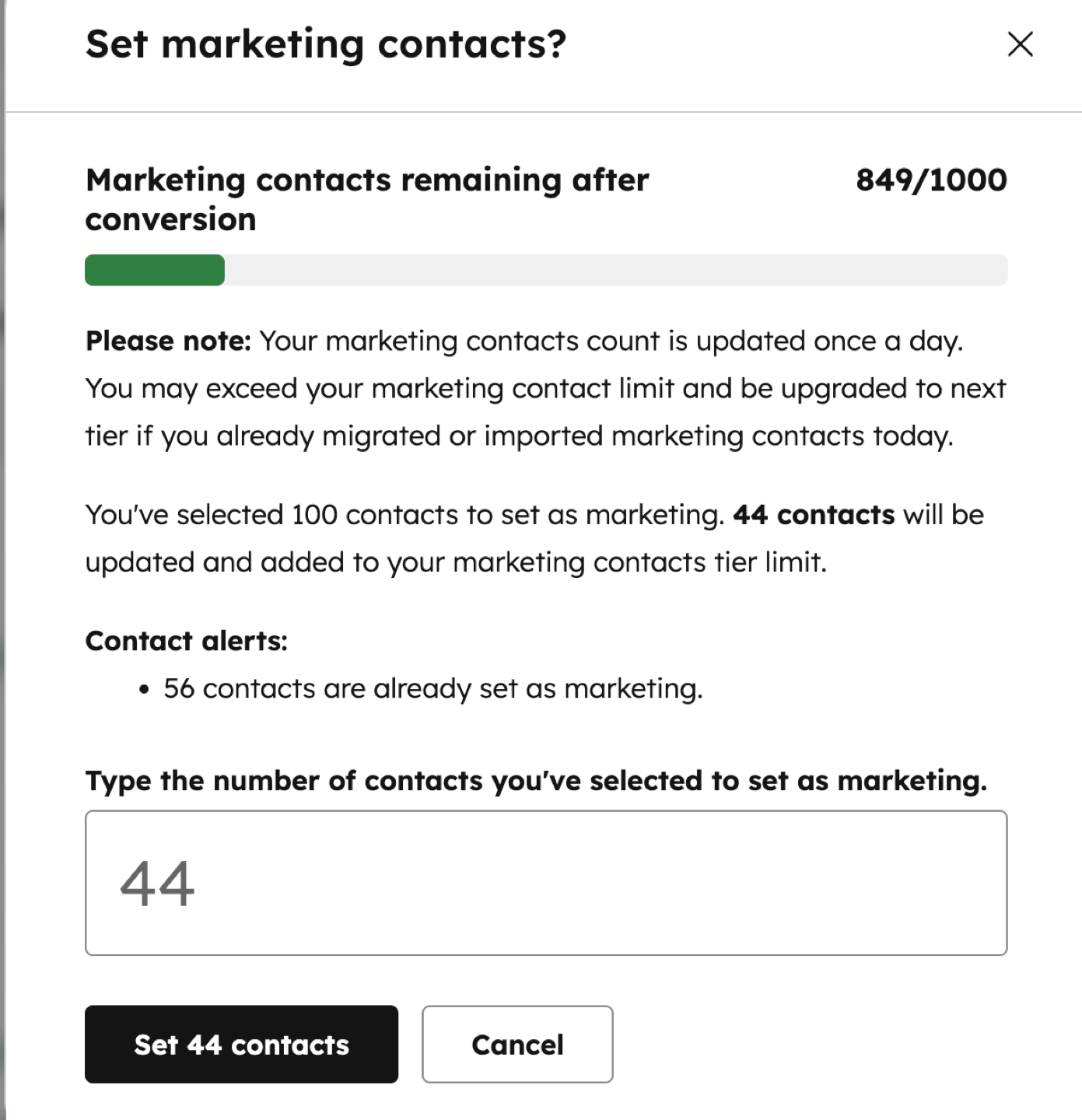 HubSpot Marketing Kontakte verwalten — Kontaktlimit und Conversion-Dialog