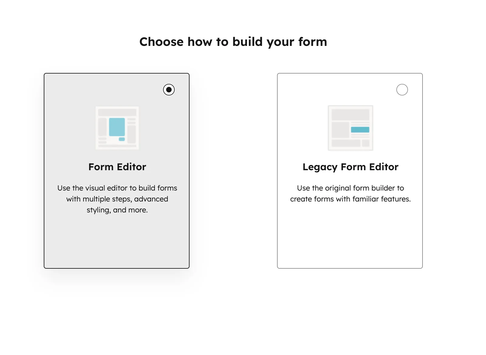 HubSpot Form Builder Auswahl zwischen neuem Editor und Legacy Form Editor