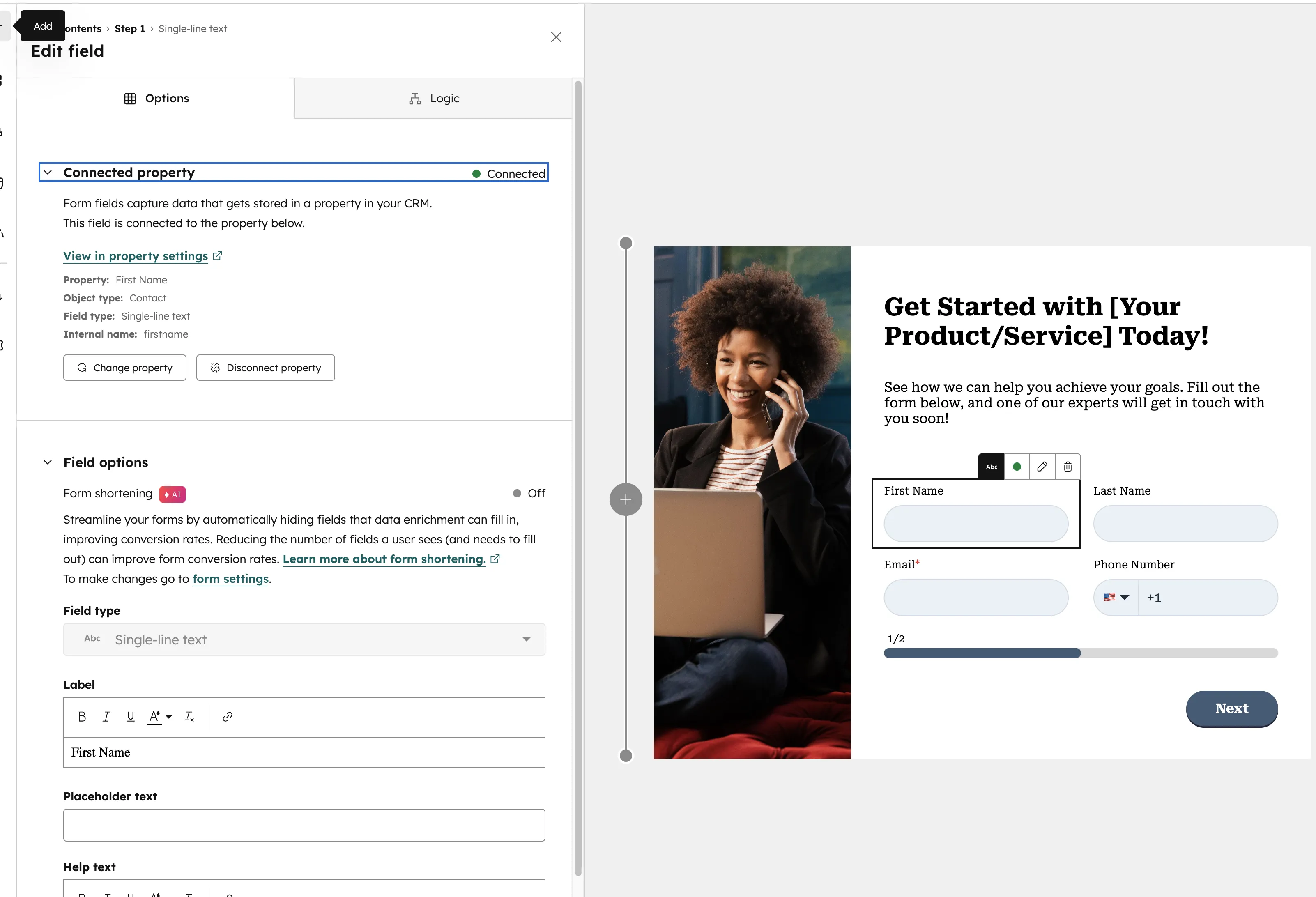 HubSpot Form Field Editor mit Eigenschaften und Validierungsregeln eines Feldes
