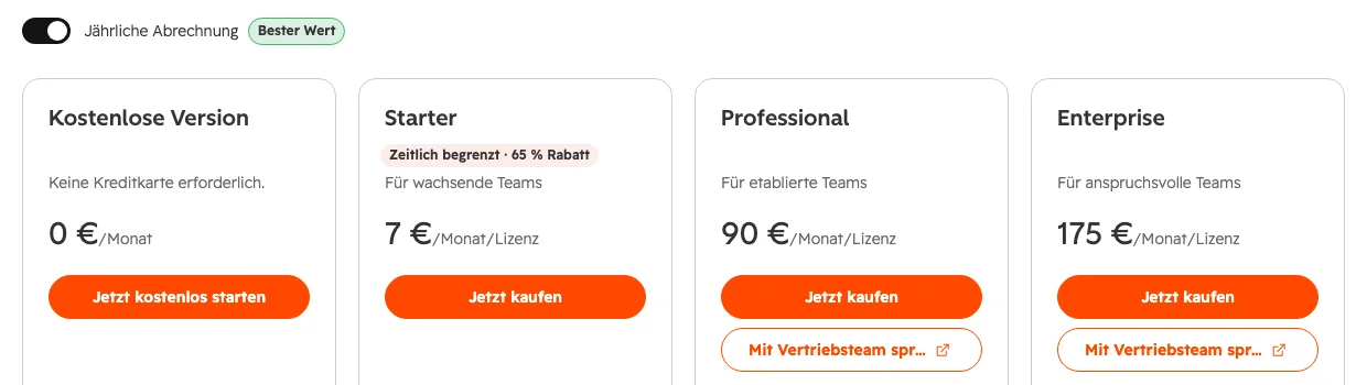 HubSpot Preisseite mit kostenloser Version, Starter für 7 Euro, Professional für 90 Euro und Enterprise für 175 Euro pro Lizenz bei jährlicher Abrechnung