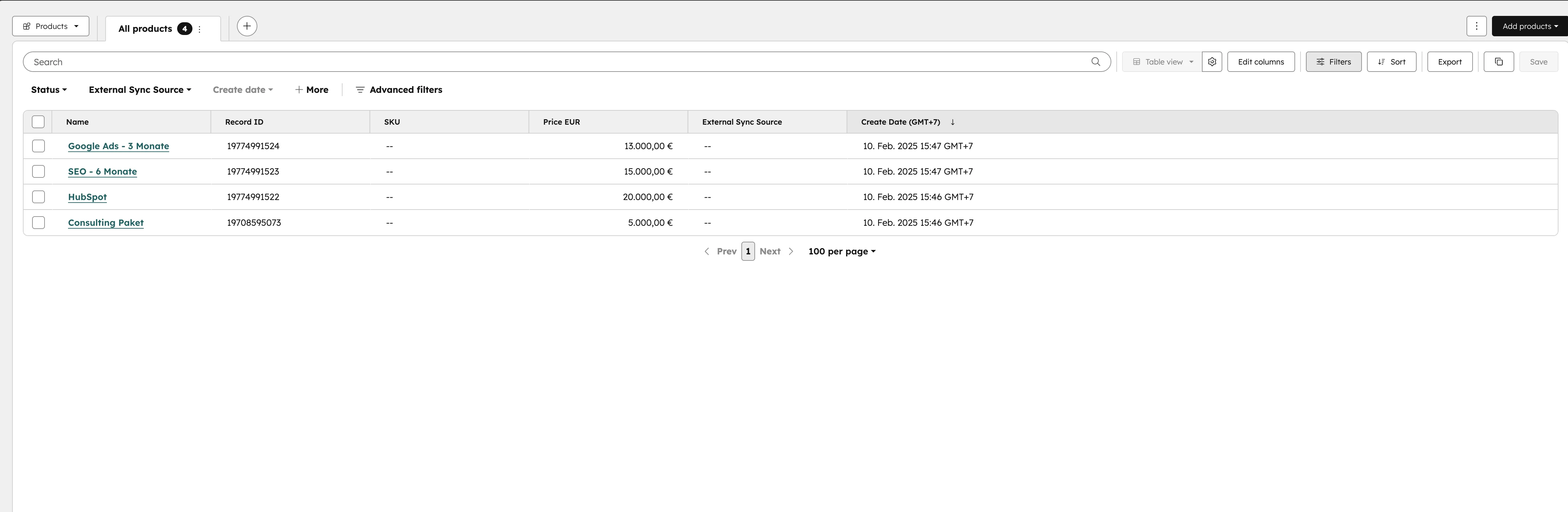 Uebersichtstabelle aller Produkte in der HubSpot Produktbibliothek