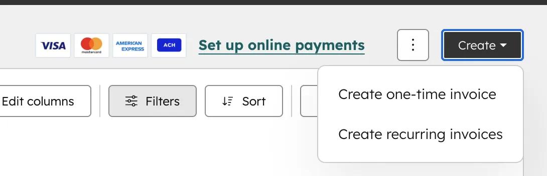 HubSpot Invoice Create Dropdown mit Optionen für einmalige und wiederkehrende Rechnung