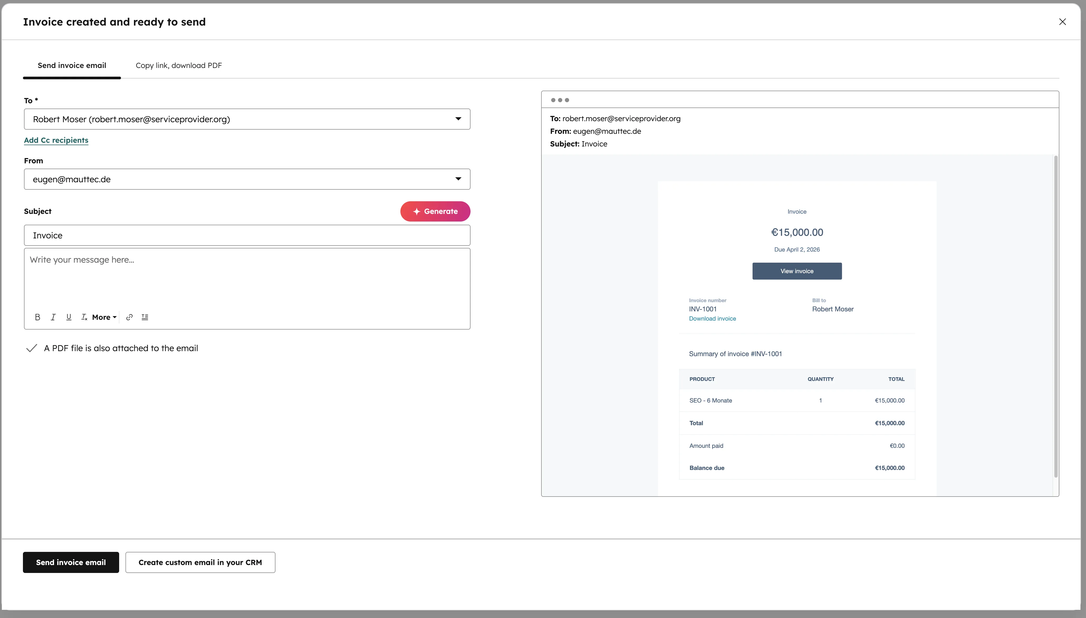 HubSpot Invoice ready to send mit Email-Preview