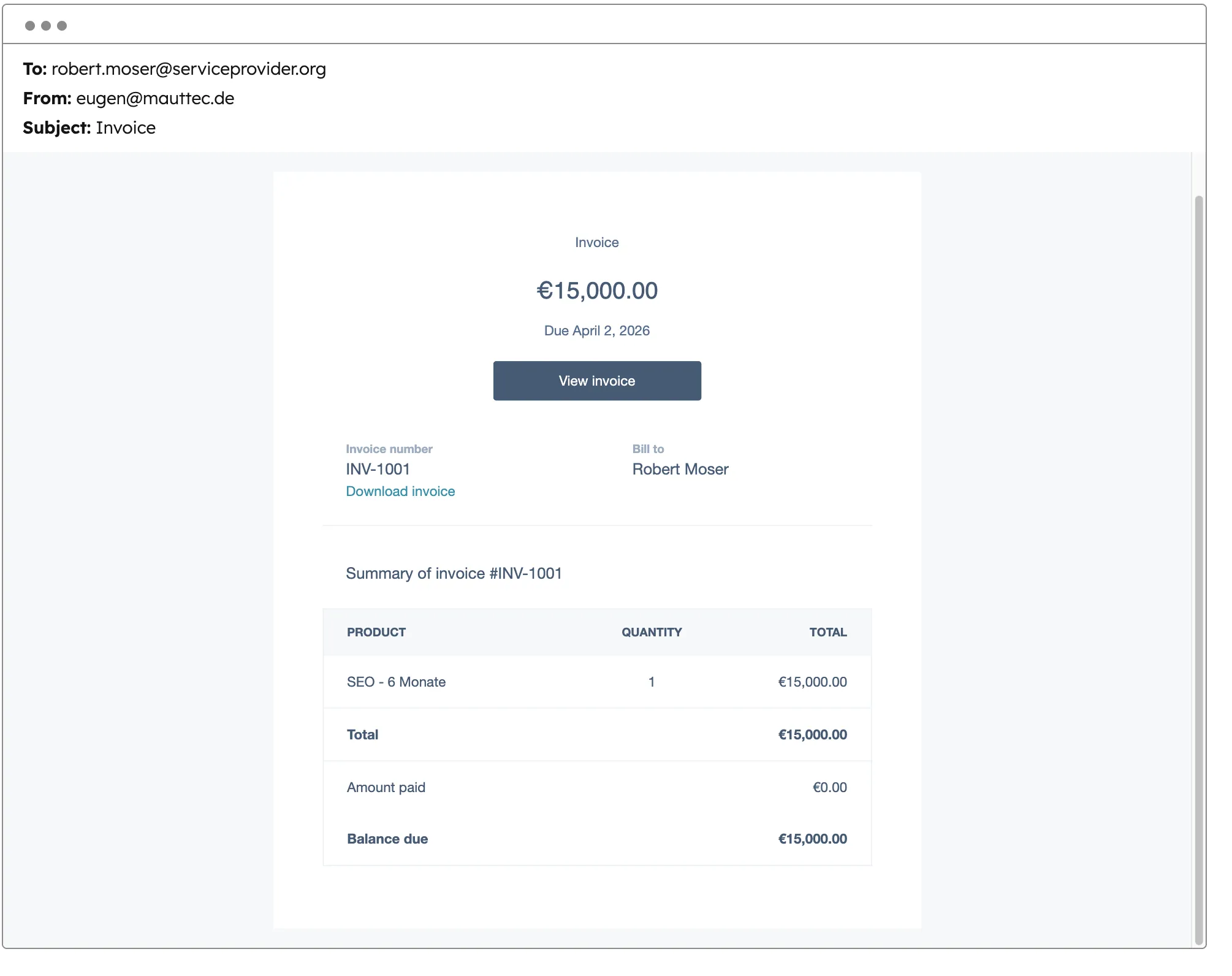 Vorschau der Rechnungs-E-Mail in HubSpot