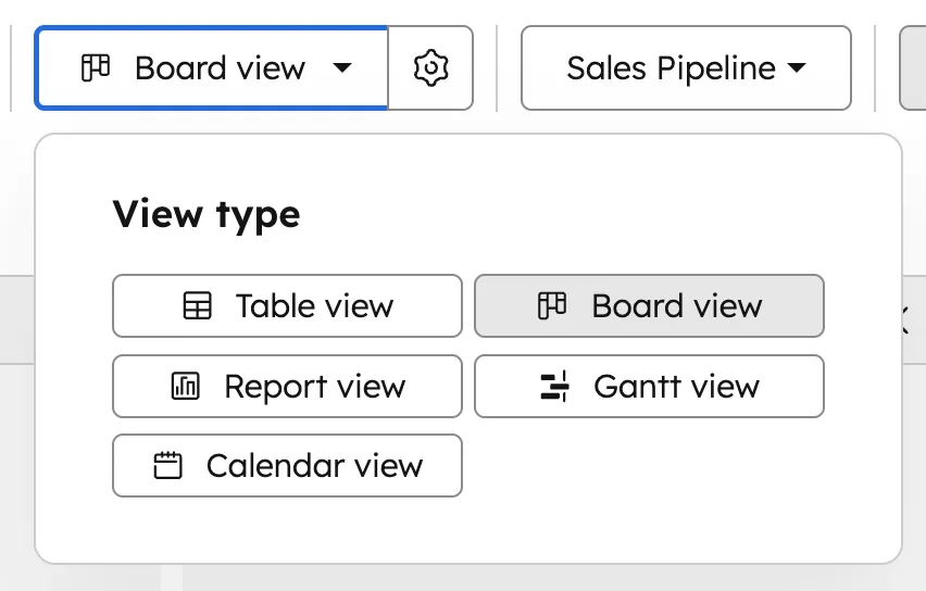 HubSpot View Type Auswahl mit Table, Board, Report, Gantt und Calendar