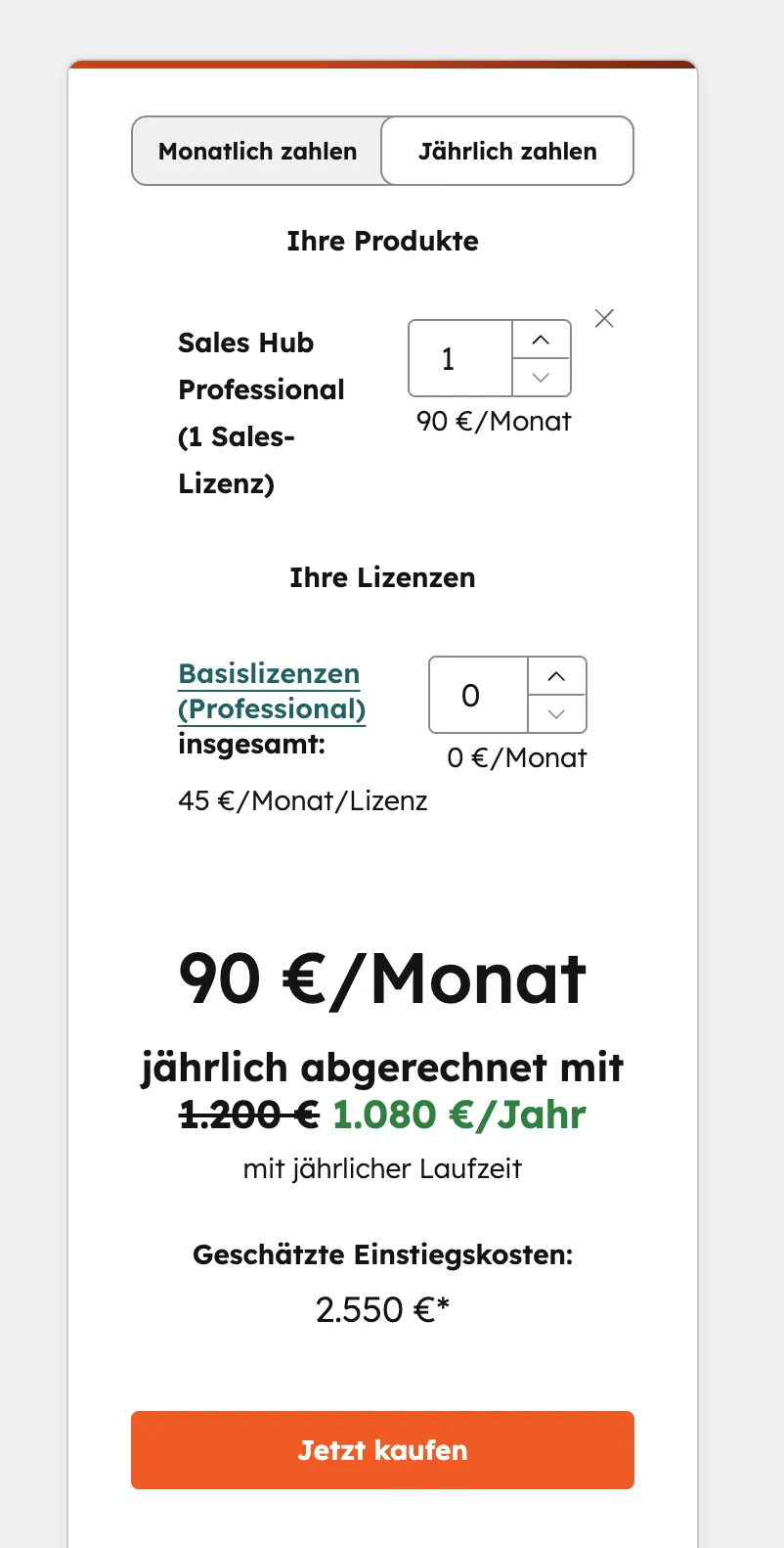 HubSpot Sales Hub Professional Preiskalkulator: 1 Sales-Lizenz für 90€/Monat