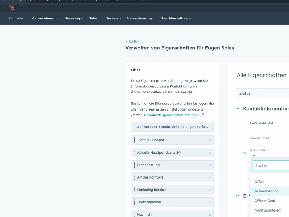 HubSpot Kontakt-Eigenschaften mit Lead-Status Dropdown zur Qualifizierung