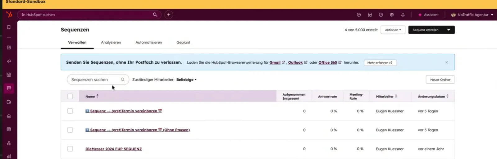 HubSpot Sequenzen Übersicht mit mehreren Sequenzen, Aufnahmen, Antwortrate und Meeting-Rate pro Sequenz