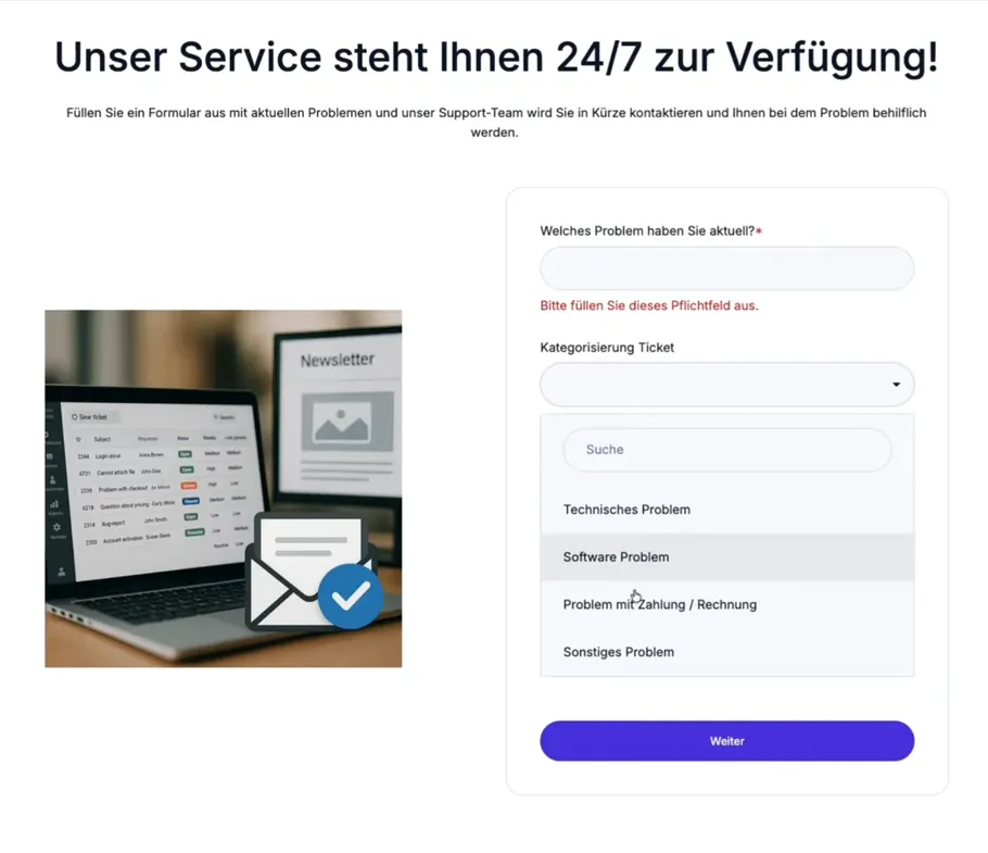 HubSpot Service-Formular auf einer Landingpage mit Auswahlfeld Kategorisierung Ticket: Technisches Problem, Software Problem, Problem mit Zahlung, Sonstiges