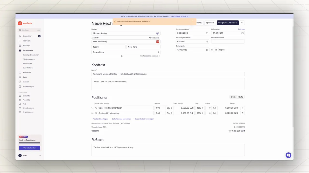 SevDesk Rechnungsentwurf mit Kundendaten und zwei Rechnungspositionen aus HubSpot