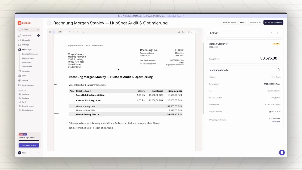 Finale SevDesk Rechnung mit Rechnungsnummer, Betrag, Status und PDF Vorschau
