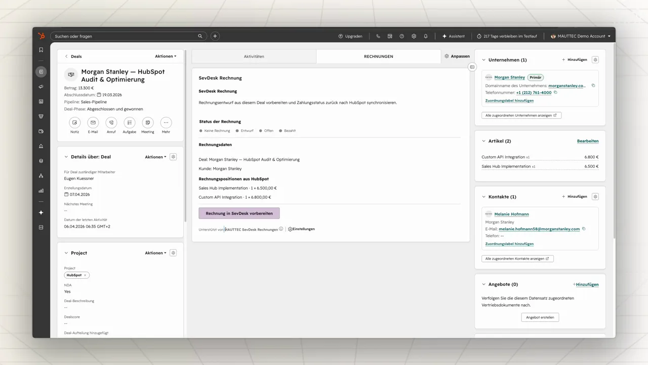 HubSpot Deal mit SevDesk Custom Card und Button Rechnung in SevDesk vorbereiten