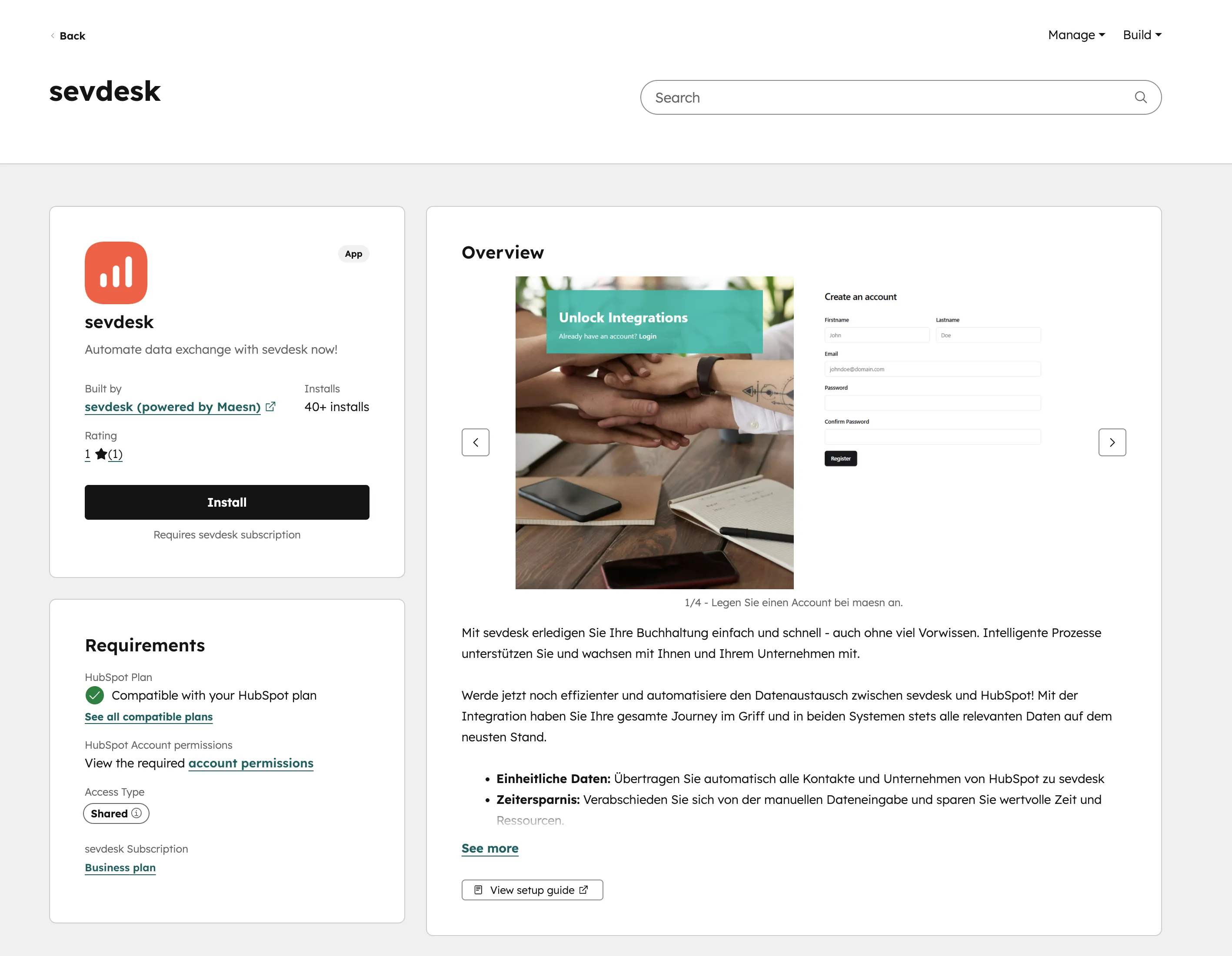 SevDesk App im HubSpot Marketplace mit Overview, Installs-Zahl und Requirements