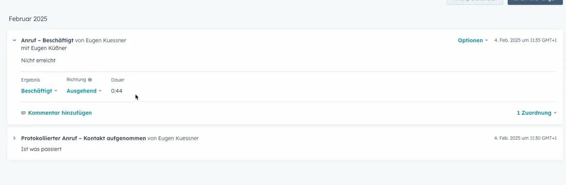 Protokollierter Anruf in der HubSpot Kontakt-Timeline mit Ergebnis Beschäftigt, Richtung Ausgehend und Dauer 0:44