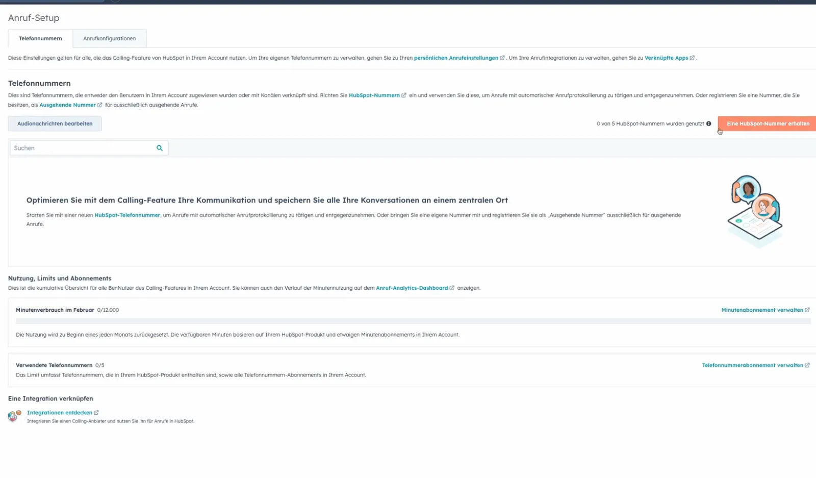 HubSpot Einstellungen Anruf-Setup mit Bereich Telefonnummern, Button HubSpot-Nummer erhalten und Minutenverbrauch