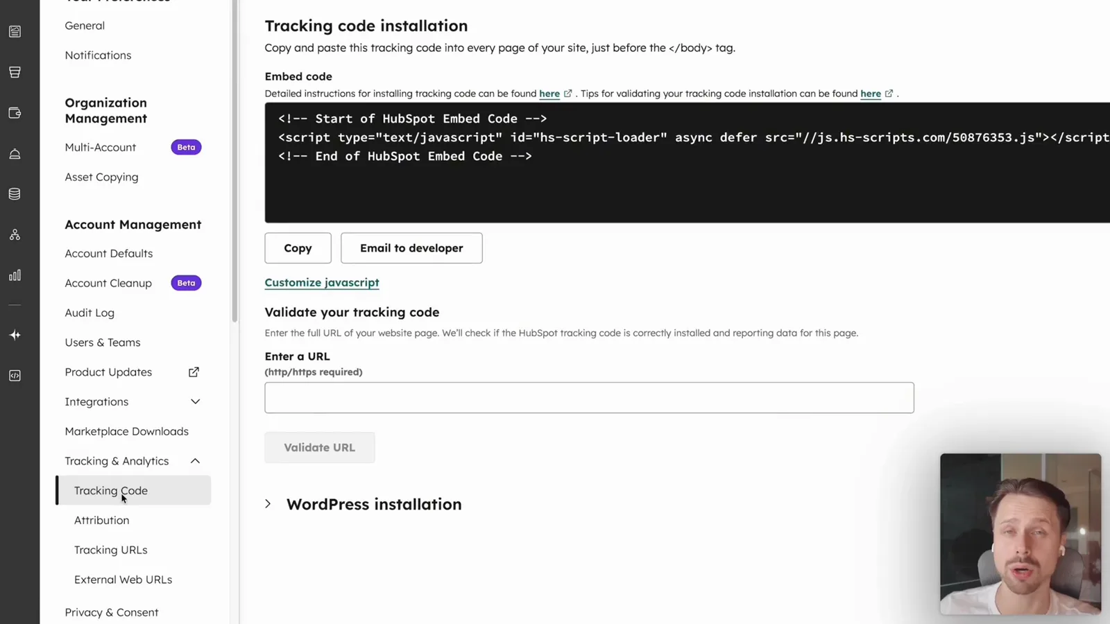 HubSpot Einstellungen mit Einbettungscode und Feld zur Validierung des Tracking Codes