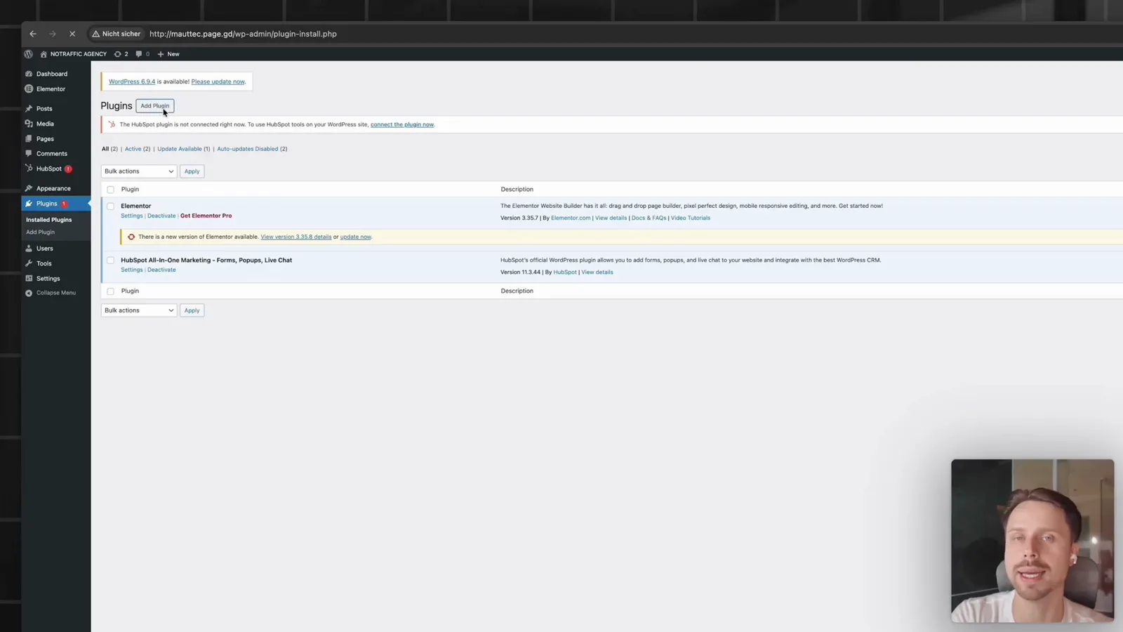 WordPress Plugin Übersicht mit aktiviertem HubSpot All In One Marketing Plugin