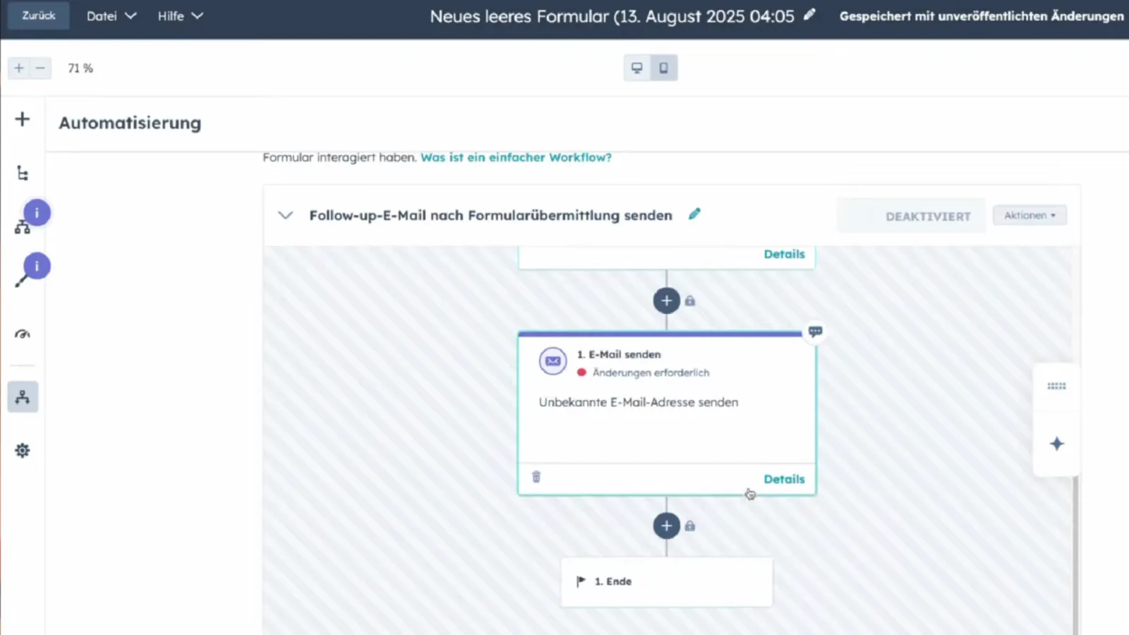 HubSpot Formular-Editor im Bereich Automatisierung mit einem einfachen Workflow: Follow-up-E-Mail nach Formularübermittlung senden, eine Aktion E-Mail senden, danach Ende