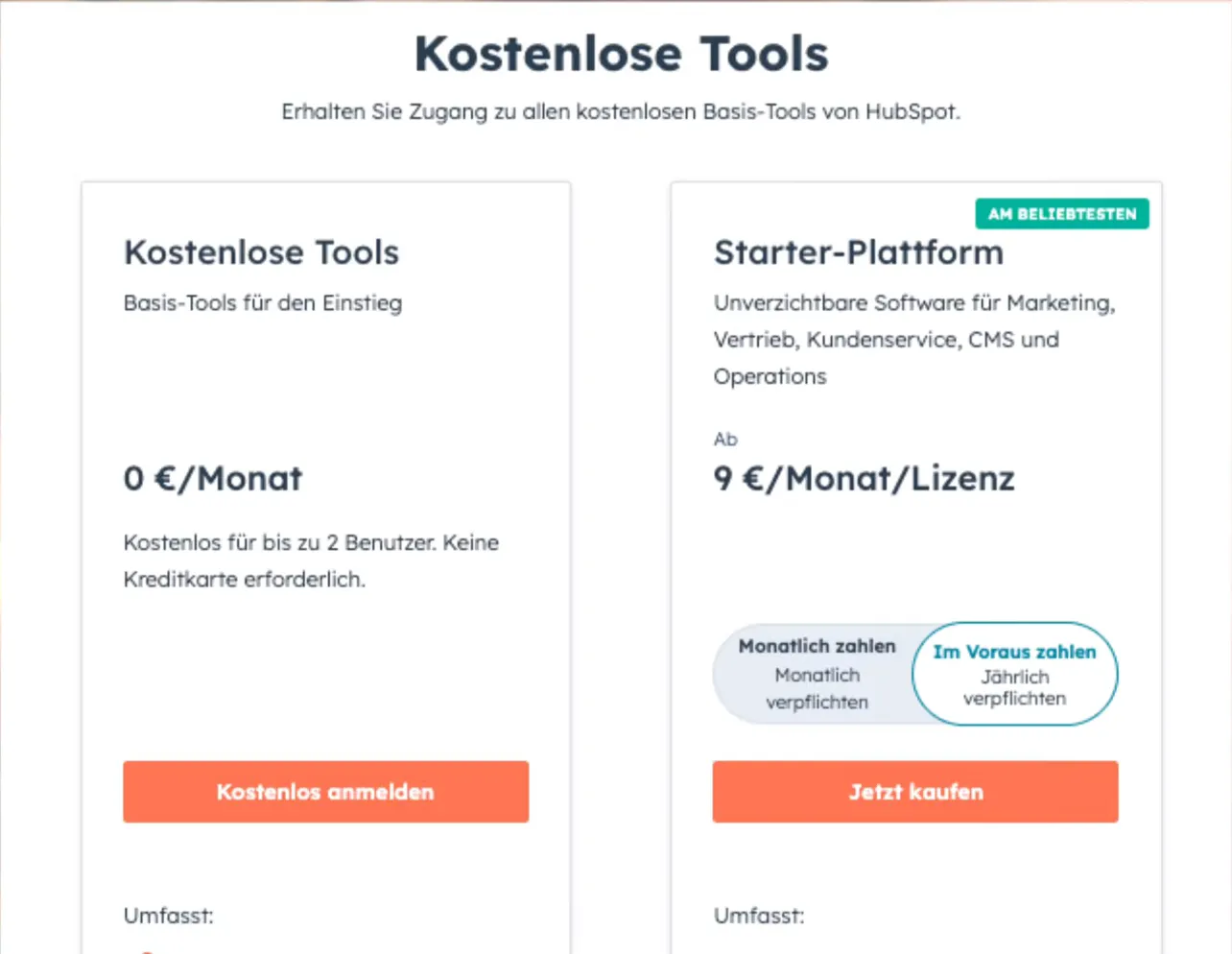 HubSpot Preisseite: Kostenlose Tools für 0 € pro Monat, kostenlos für bis zu 2 Benutzer, daneben die Starter-Plattform ab 9 € pro Monat und Lizenz