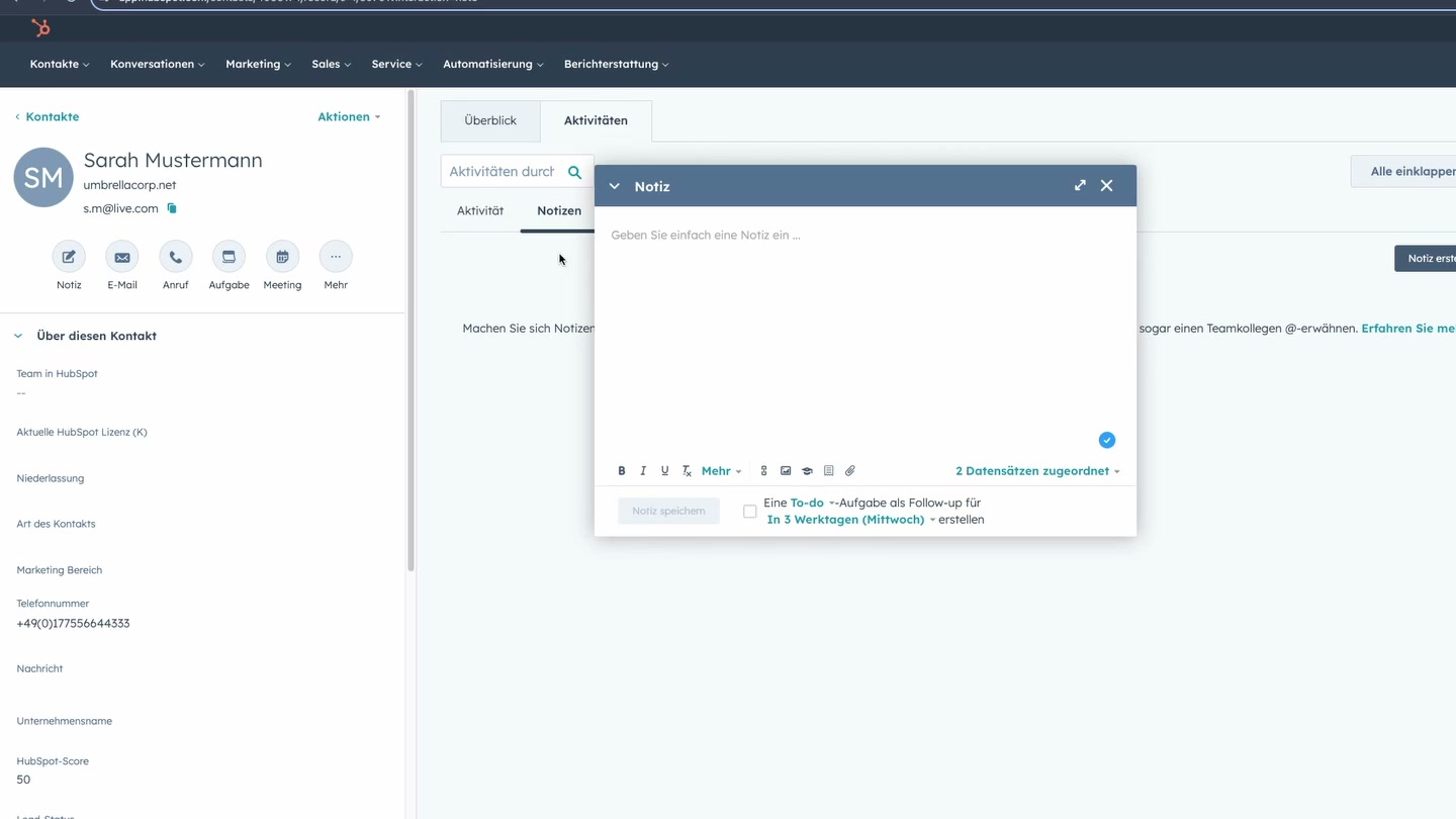 HubSpot Kontakt mit Aktivitäten nach der Migration