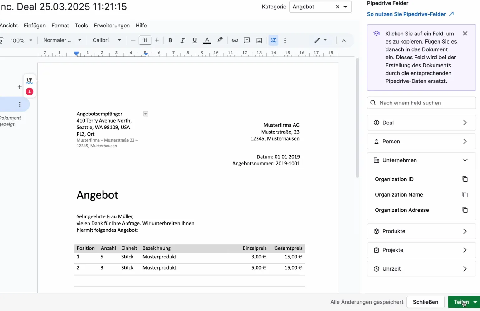 Pipedrive Dokumenteditor mit Angebotsvorlage und Seitenleiste Pipedrive Felder für Deal, Person, Unternehmen und Produkte