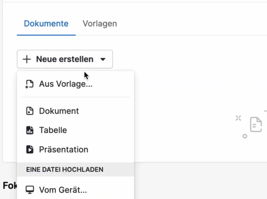 Pipedrive Deal mit Reiter Dokumente und geöffnetem Menü Neue erstellen mit Aus Vorlage, Dokument, Tabelle und Präsentation