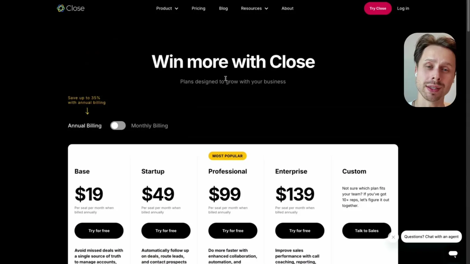 Close Preispläne von 19 bis 139 Dollar pro Monat