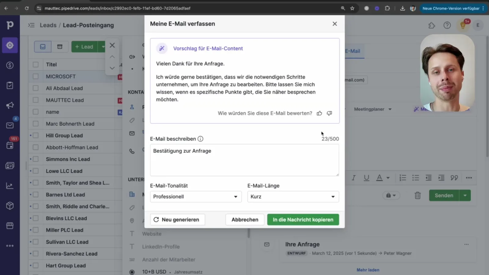 Pipedrive KI-Assistent verfasst eine E-Mail im Lead-Posteingang