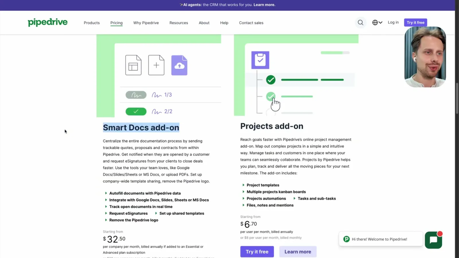 Pipedrive Add-on-Preise für Smart Docs und Projects