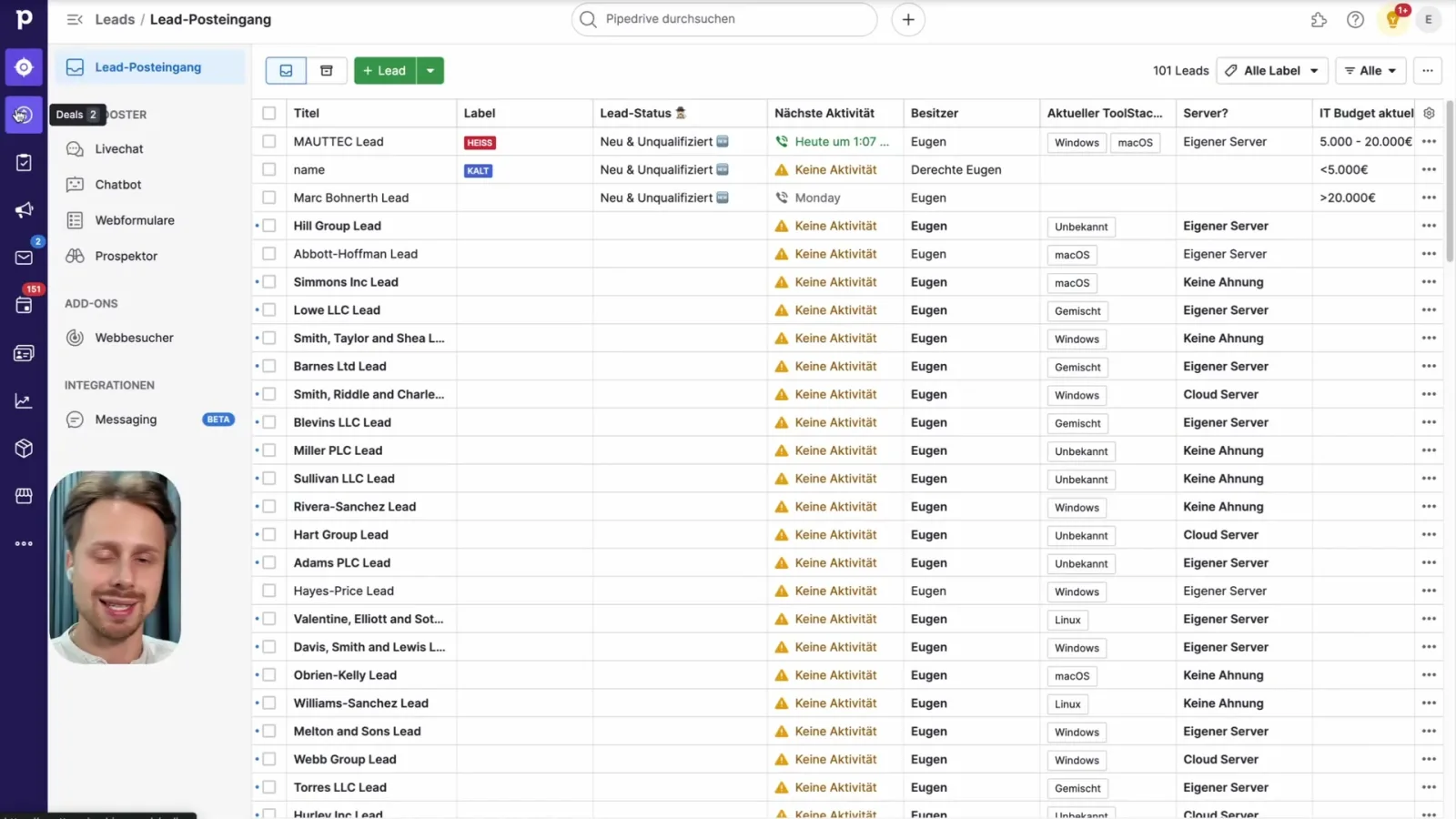 Pipedrive Lead-Posteingang mit qualifizierten Leads und nächsten Aktivitäten