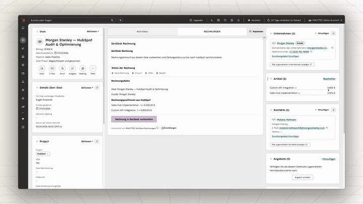 HubSpot Deal mit SevDesk Custom Card, Rechnungsentwurf und Status Sync