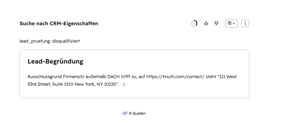 Agent-Ausgabe: Wettbewerber erkannt, mit wörtlich zitierter Begründung