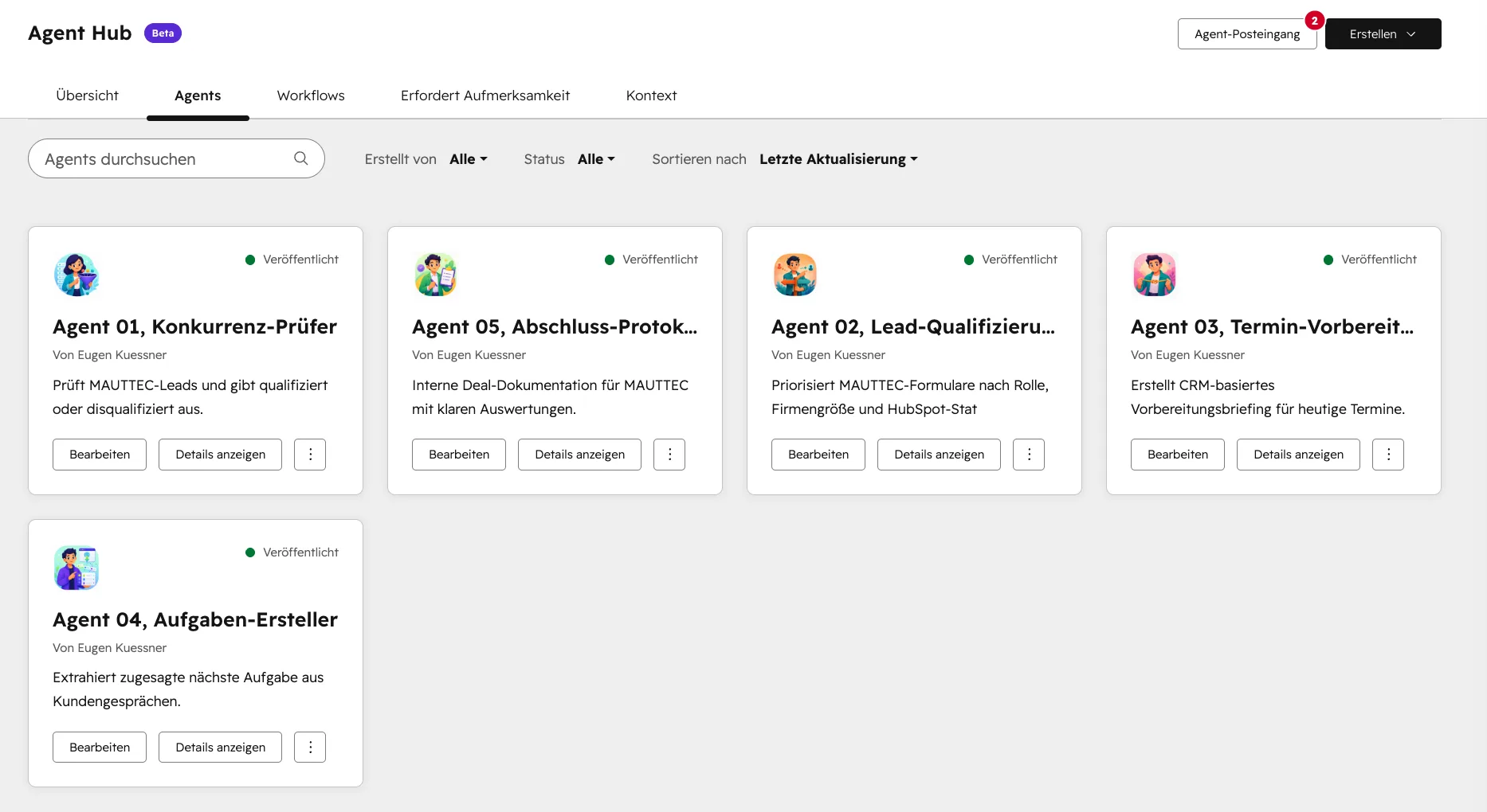 Agent Hub in unserem HubSpot Portal mit 5 veröffentlichten Agents