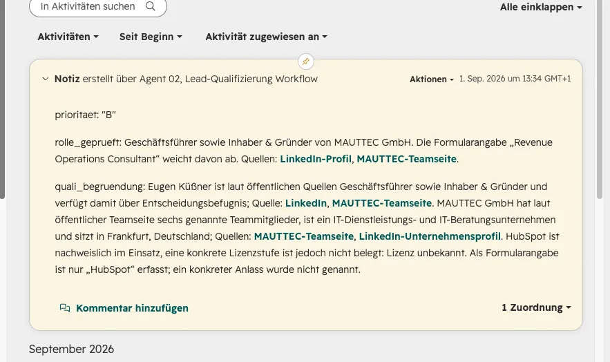 Notiz des Agenten am Kontakt: geprüfte Rolle, Priorität, Quellen
