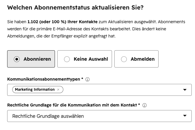 HubSpot Abonnement-Status mit Marketing Information und Rechtsgrundlage